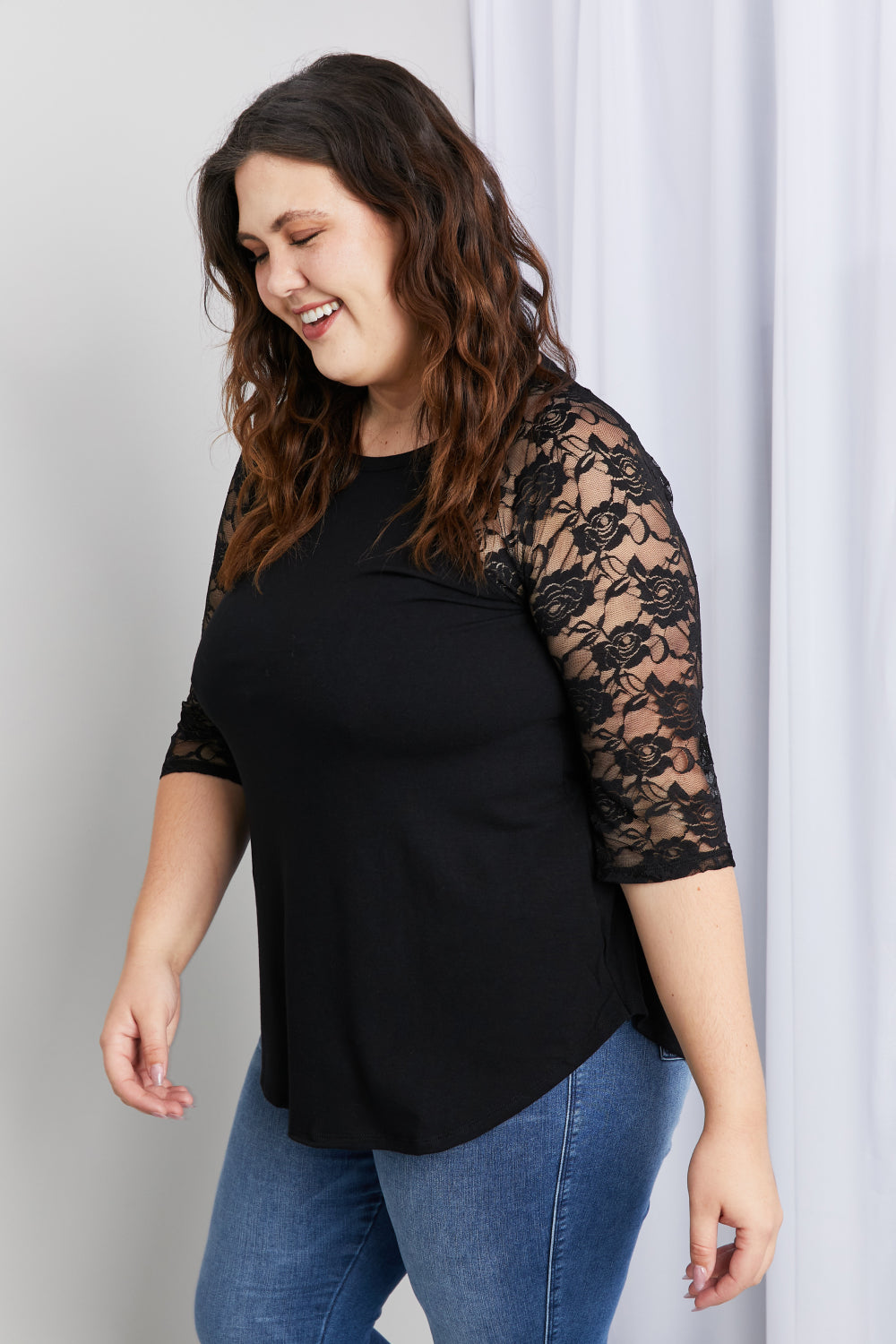 Zenana Full Size Spliced Lace Half Sleeve Round Neck Top in Black