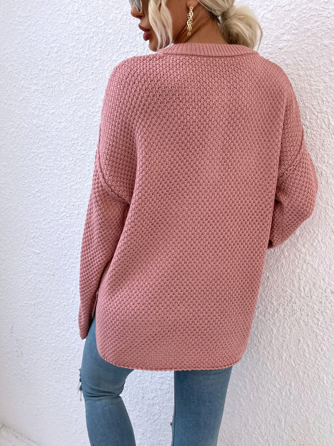 Ribbed Trim Slit Henley Sweater