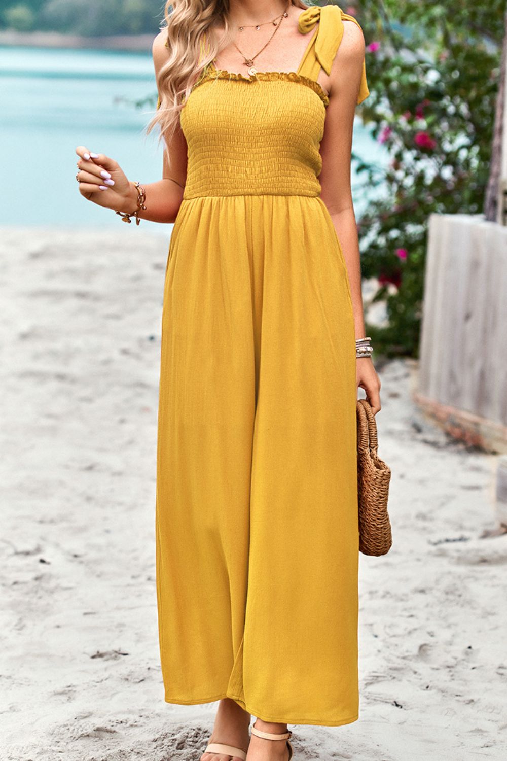 Frill Trim Tie Shoulder Wide Leg Jumpsuit with Pockets