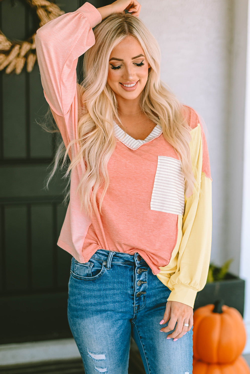 Color Block V-Neck Dropped Shoulder Sweatshirt with Pocket