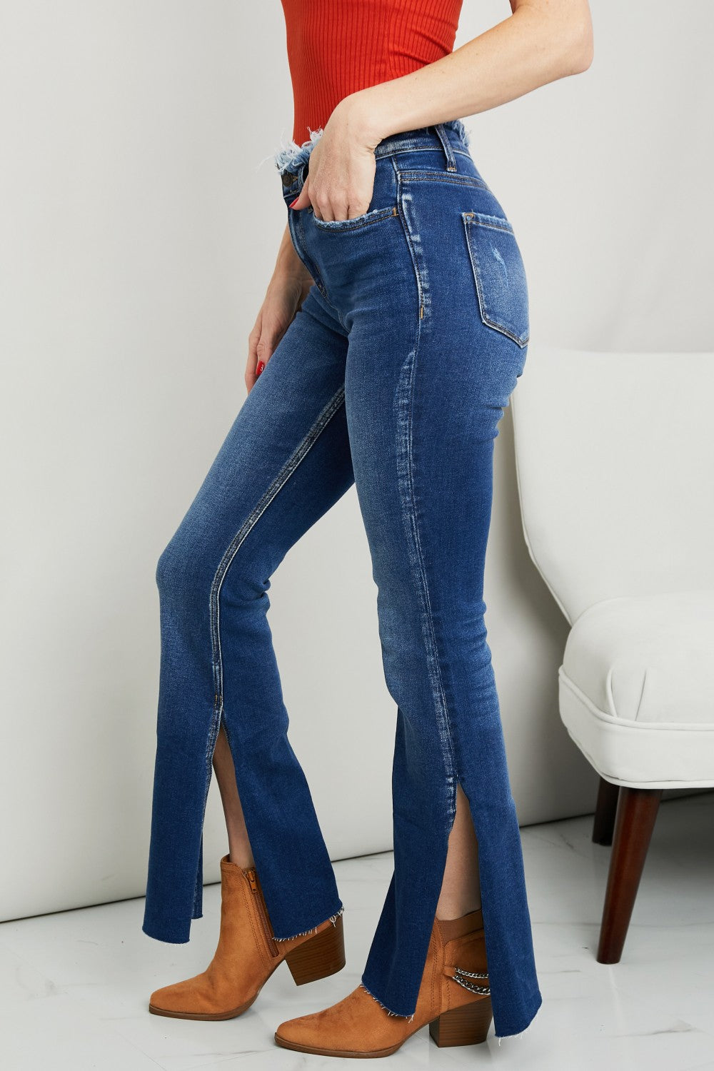 Zenana Frayed Trim Side Slit Jeans