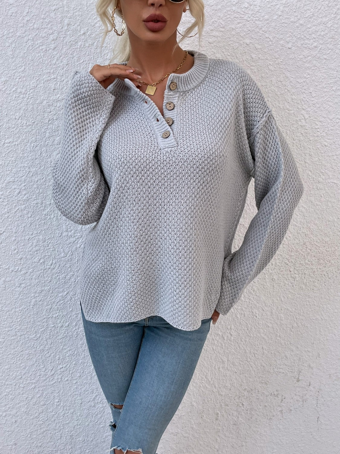 Ribbed Trim Slit Henley Sweater