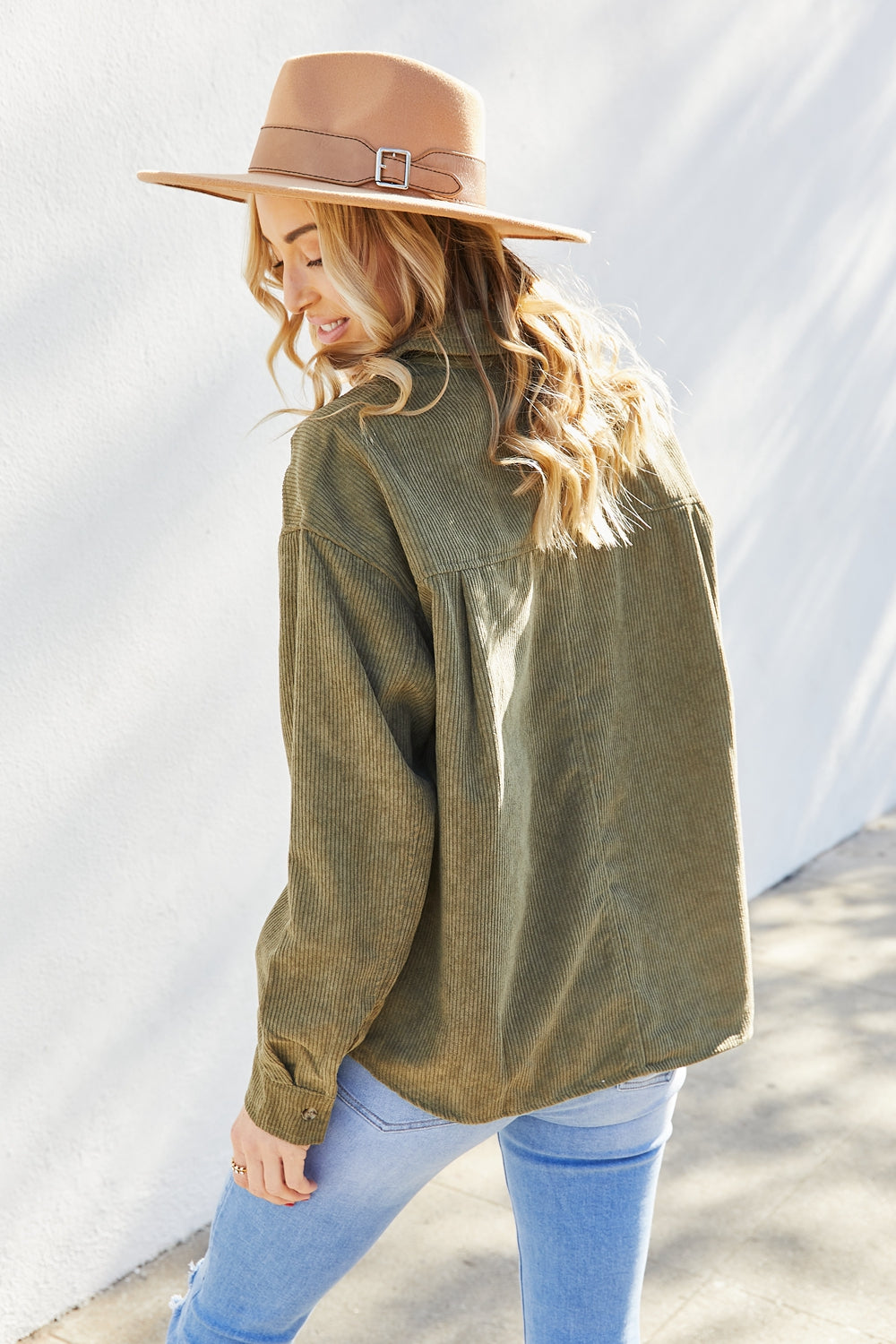 Petal Dew Button Front Corduroy Shacket with Breast Pockets in Olive