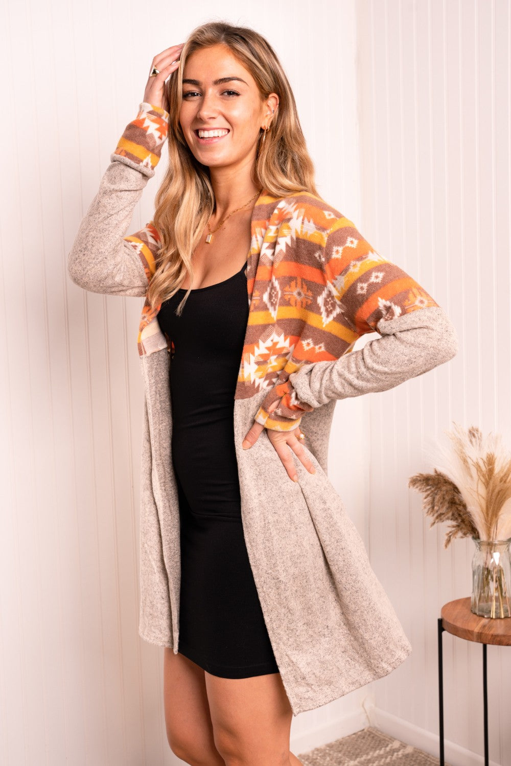 Haptics Full Size Printed Open Front Longline Cardigan