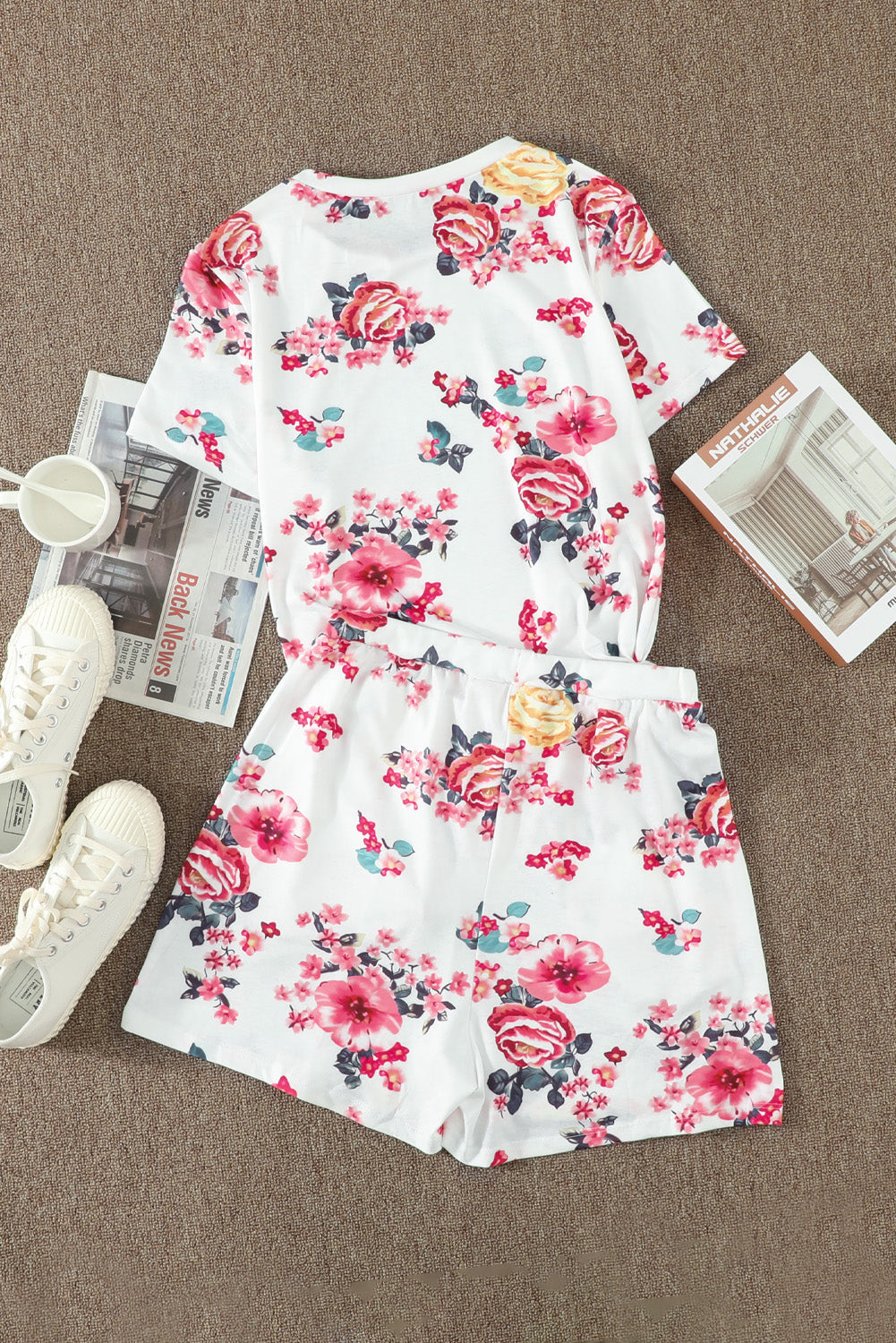 Floral T-Shirt and Drawstring Waist Shorts Lounge Set