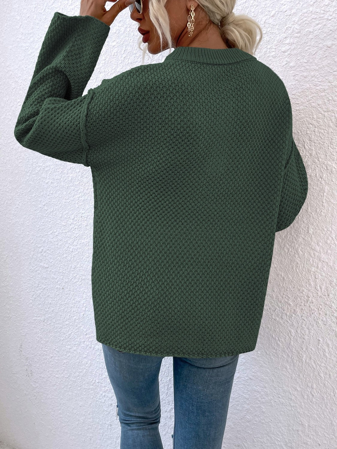 Ribbed Trim Slit Henley Sweater