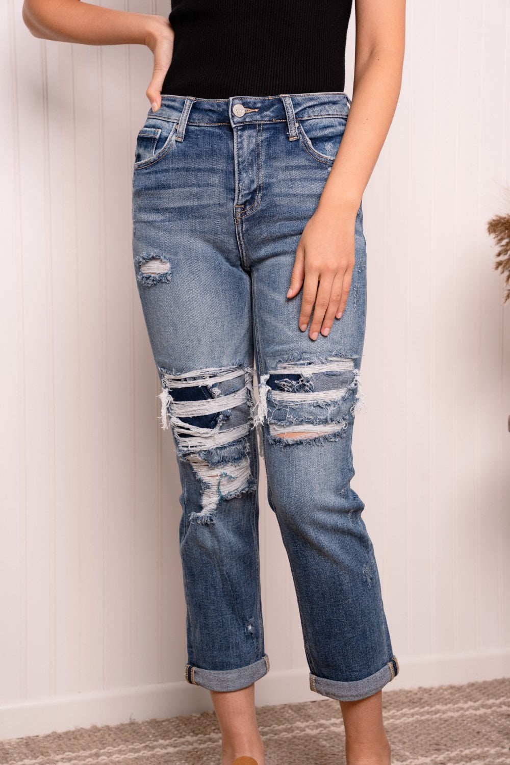 RISEN Full Size Distressed Jeans with Pockets