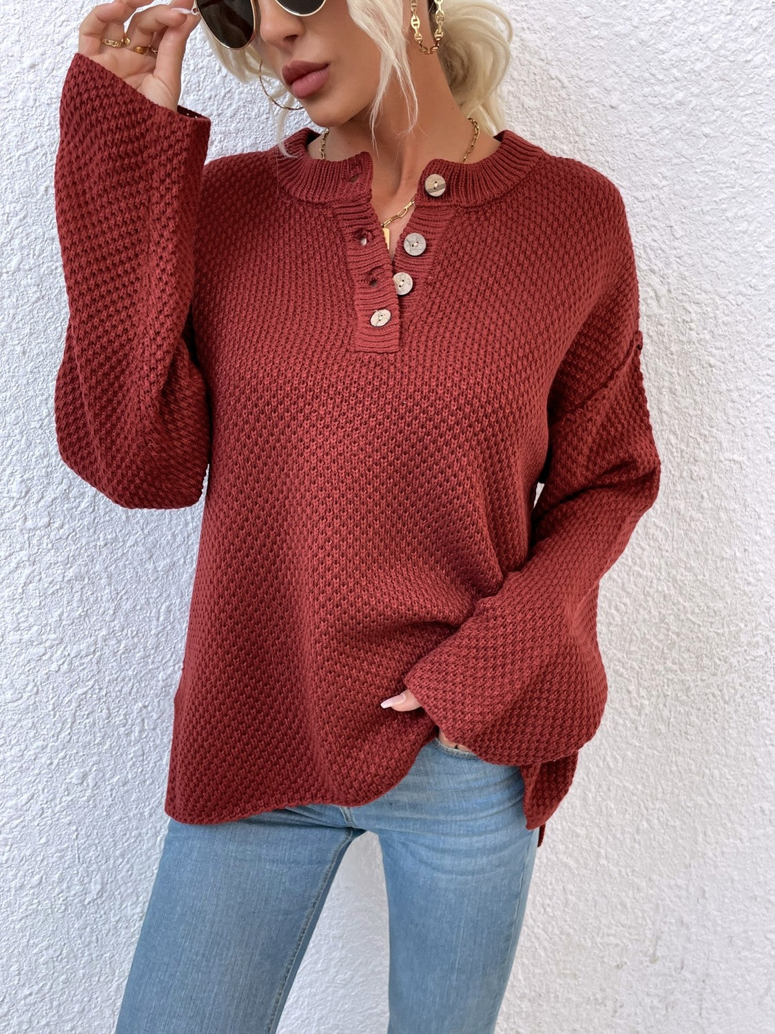 Ribbed Trim Slit Henley Sweater