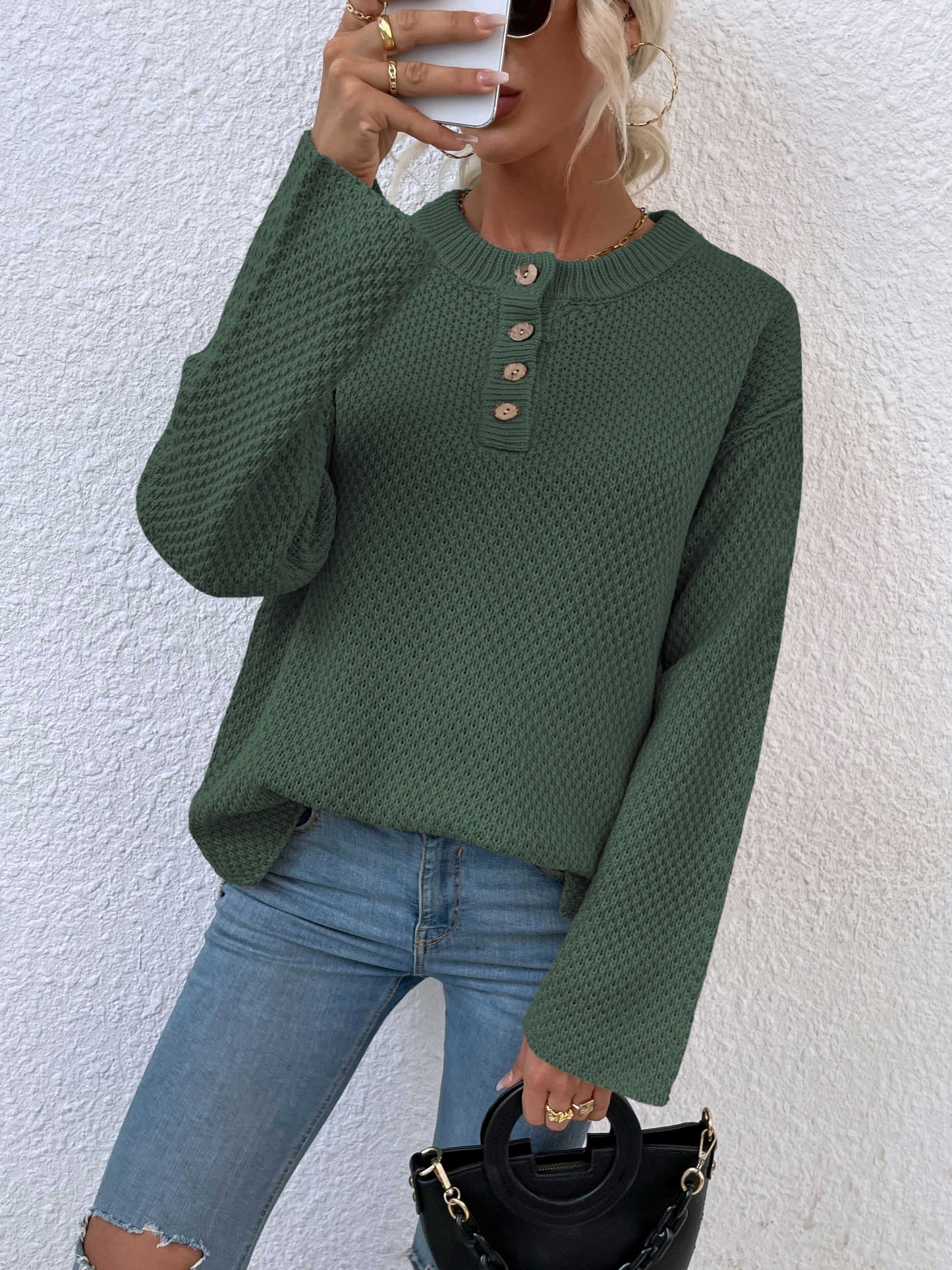 Ribbed Trim Slit Henley Sweater