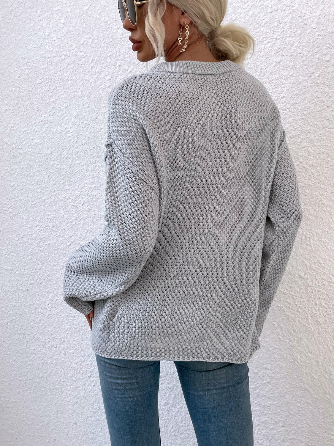 Ribbed Trim Slit Henley Sweater