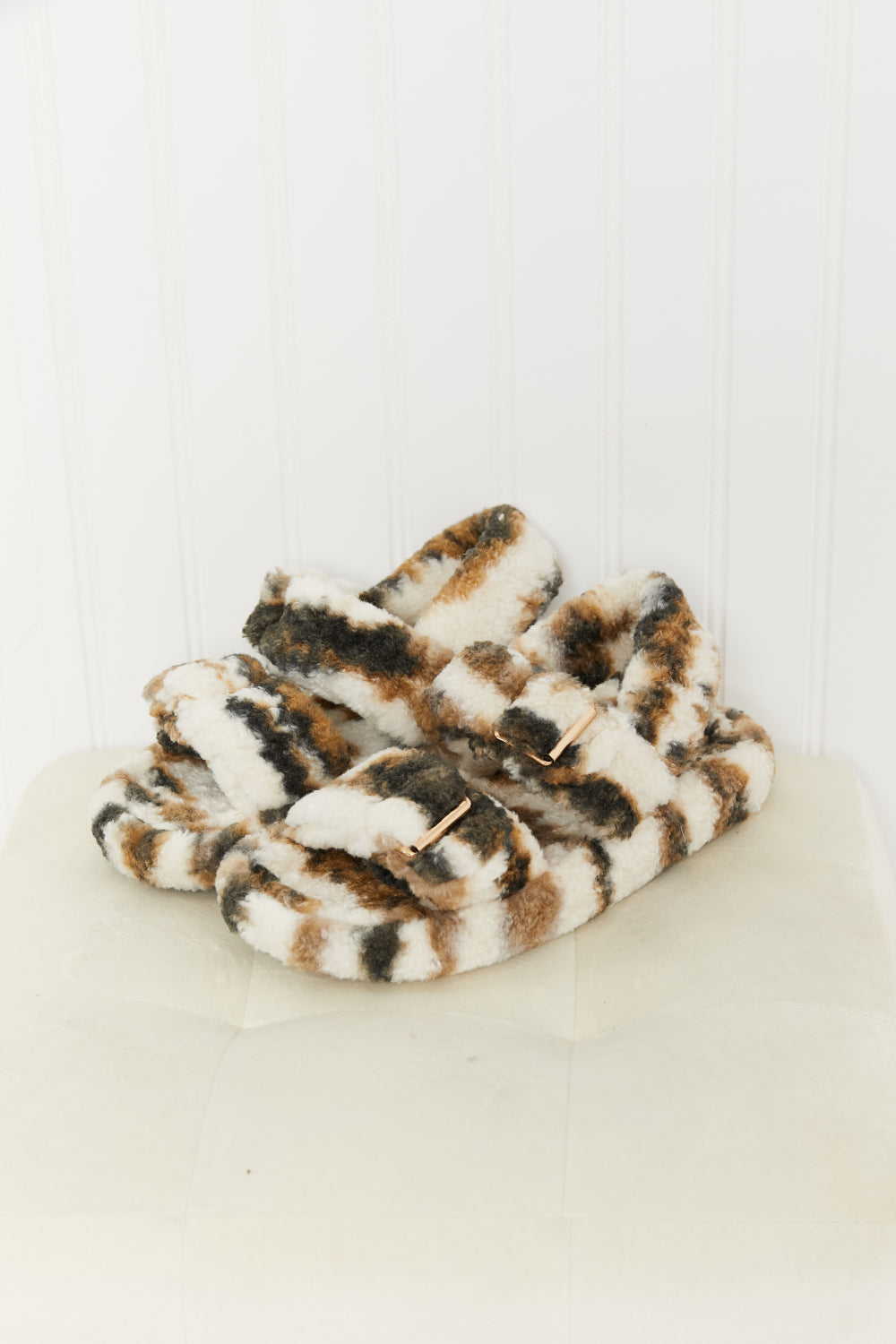 Qupid Cozy Atmosphere Striped Faux Fur Buckled Sandals