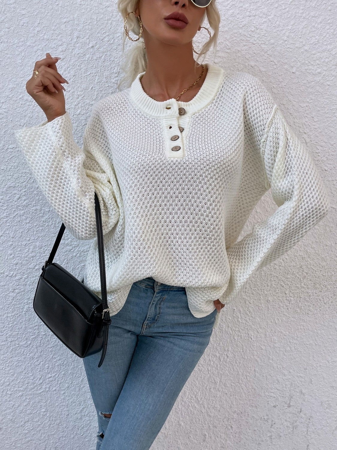 Ribbed Trim Slit Henley Sweater