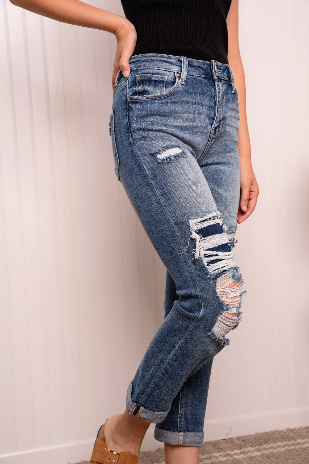 RISEN Full Size Distressed Jeans with Pockets