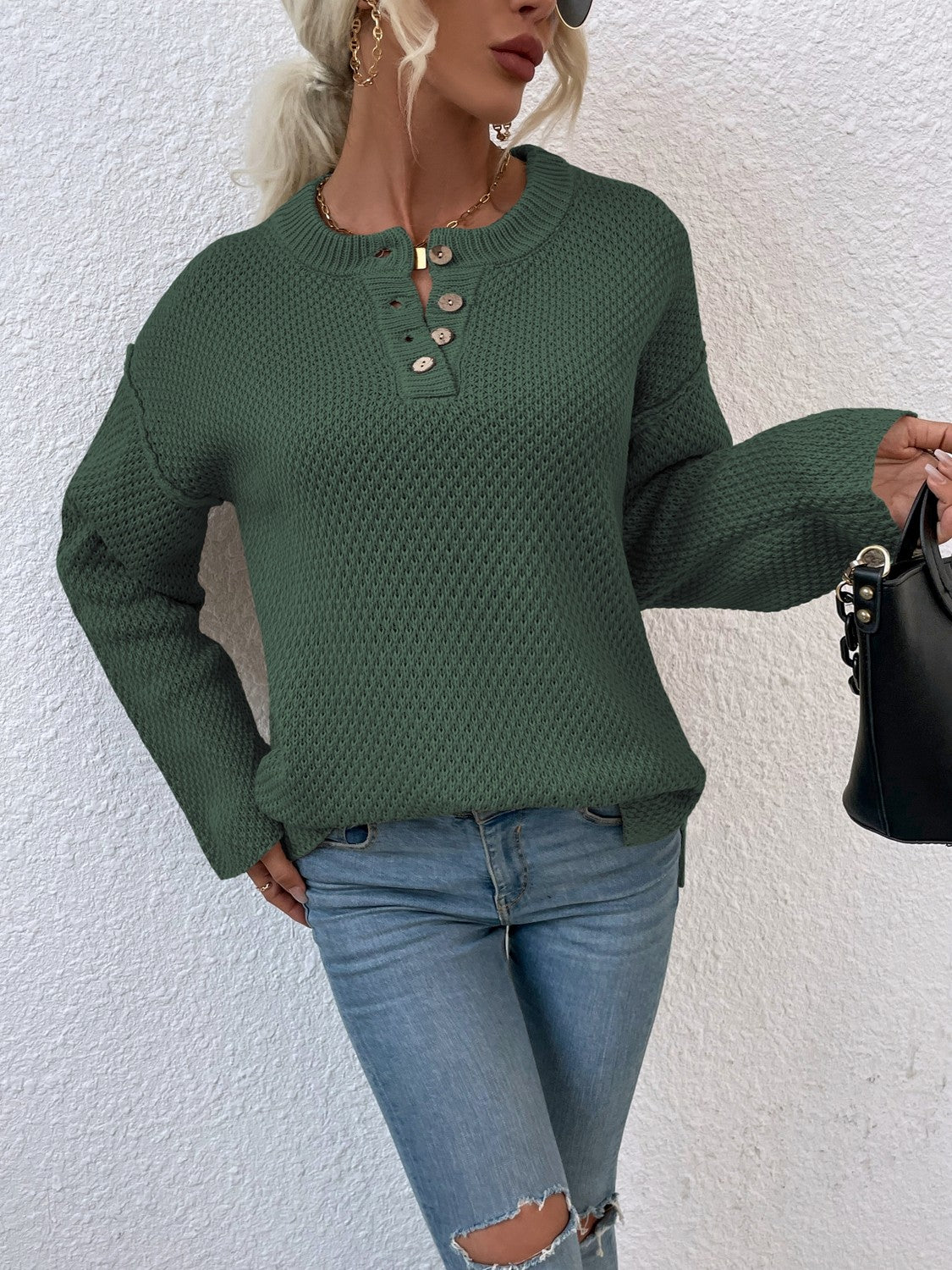 Ribbed Trim Slit Henley Sweater