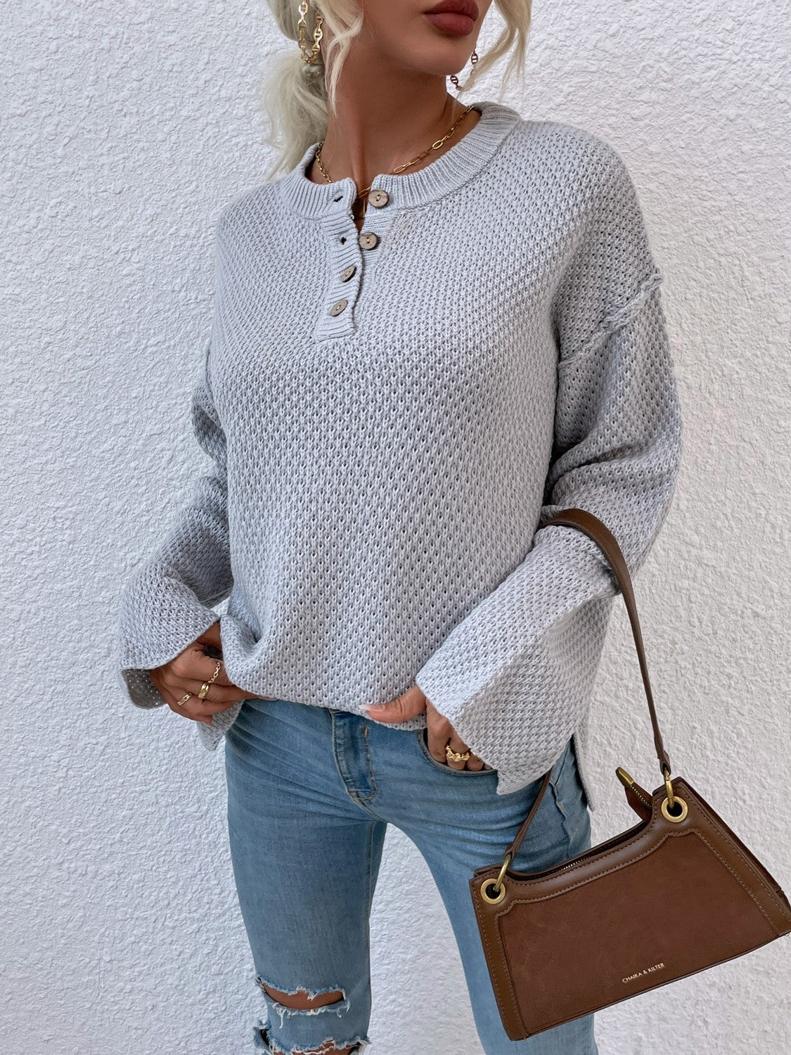 Ribbed Trim Slit Henley Sweater