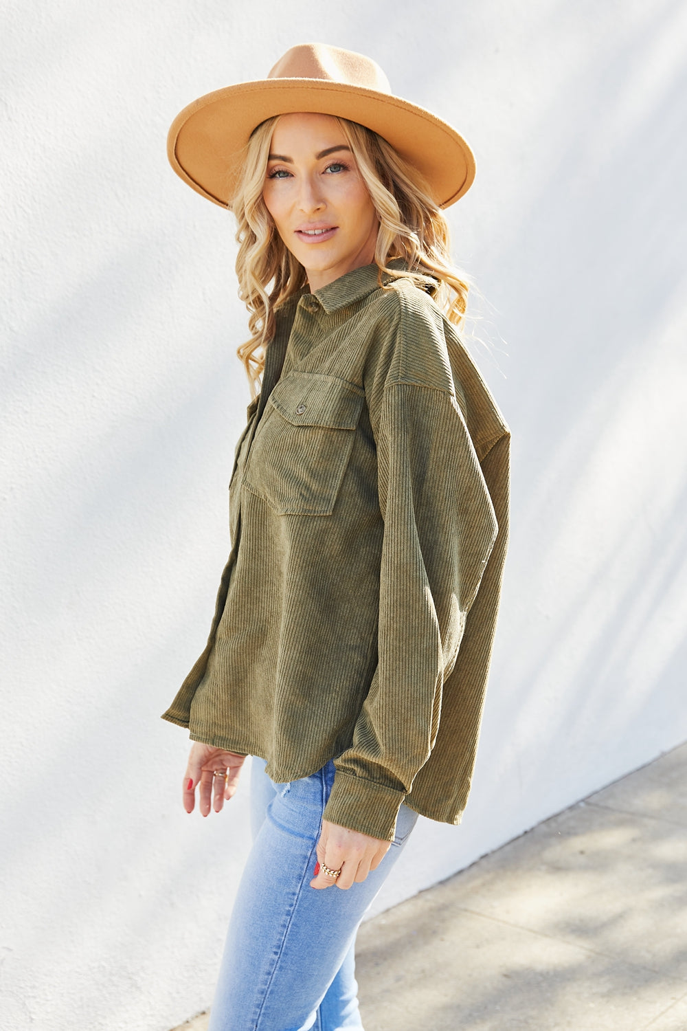 Petal Dew Button Front Corduroy Shacket with Breast Pockets in Olive
