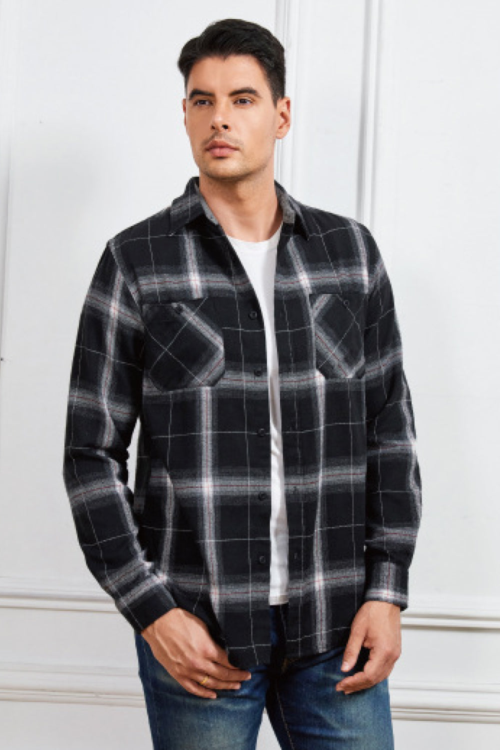 Plaid Button-Up Long-Sleeve Shirt with Pockets