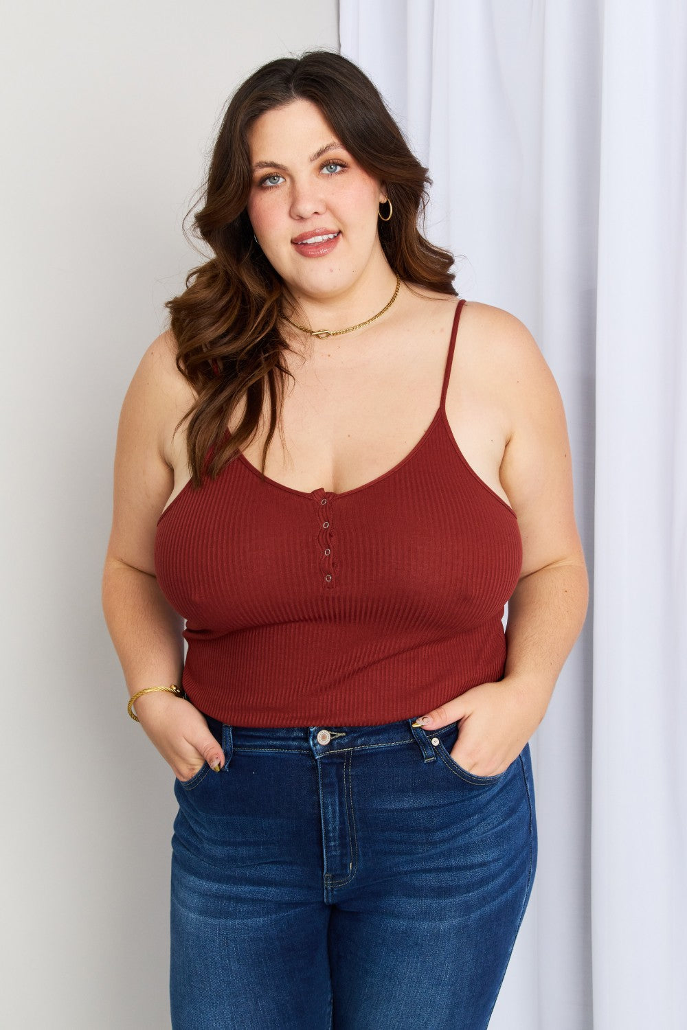 Zenana Full Size Quarter-Snap Ribbed Cami in Dk Rust