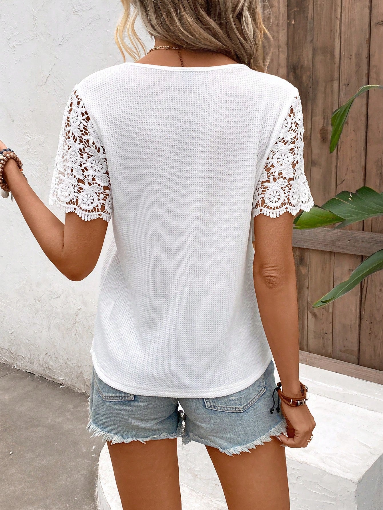 Spliced Lace Notched Neck Waffle-Knit Top