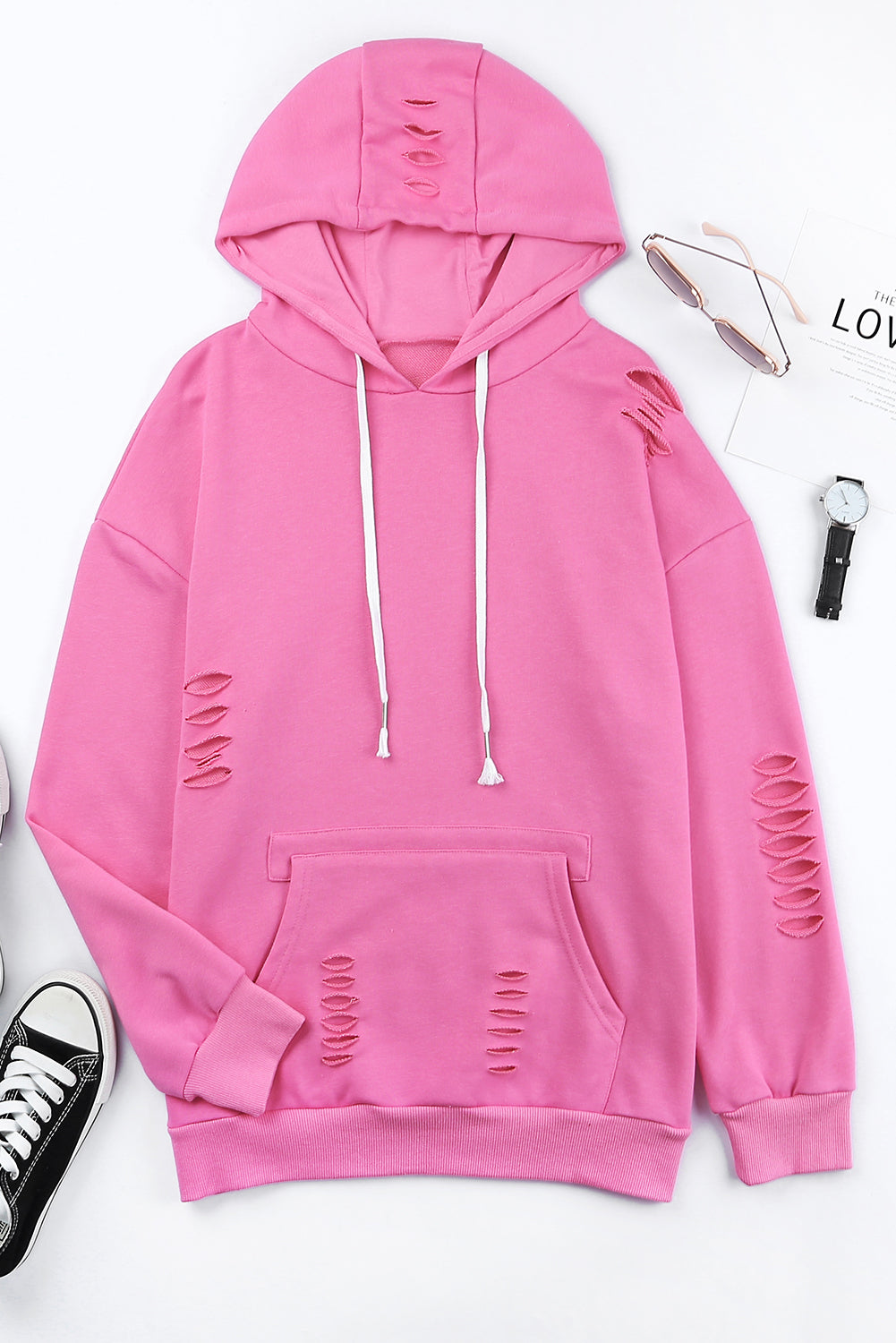 Drawstring Distressed Drop Shoulder Hoodie