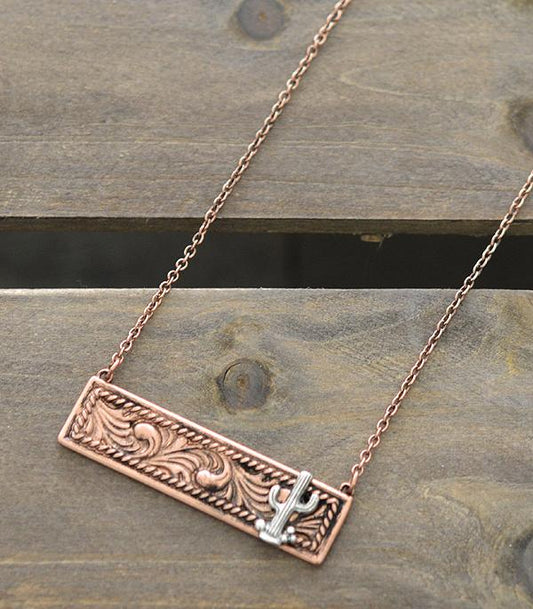 Copper Western Tooled Look Metal Bar Necklace