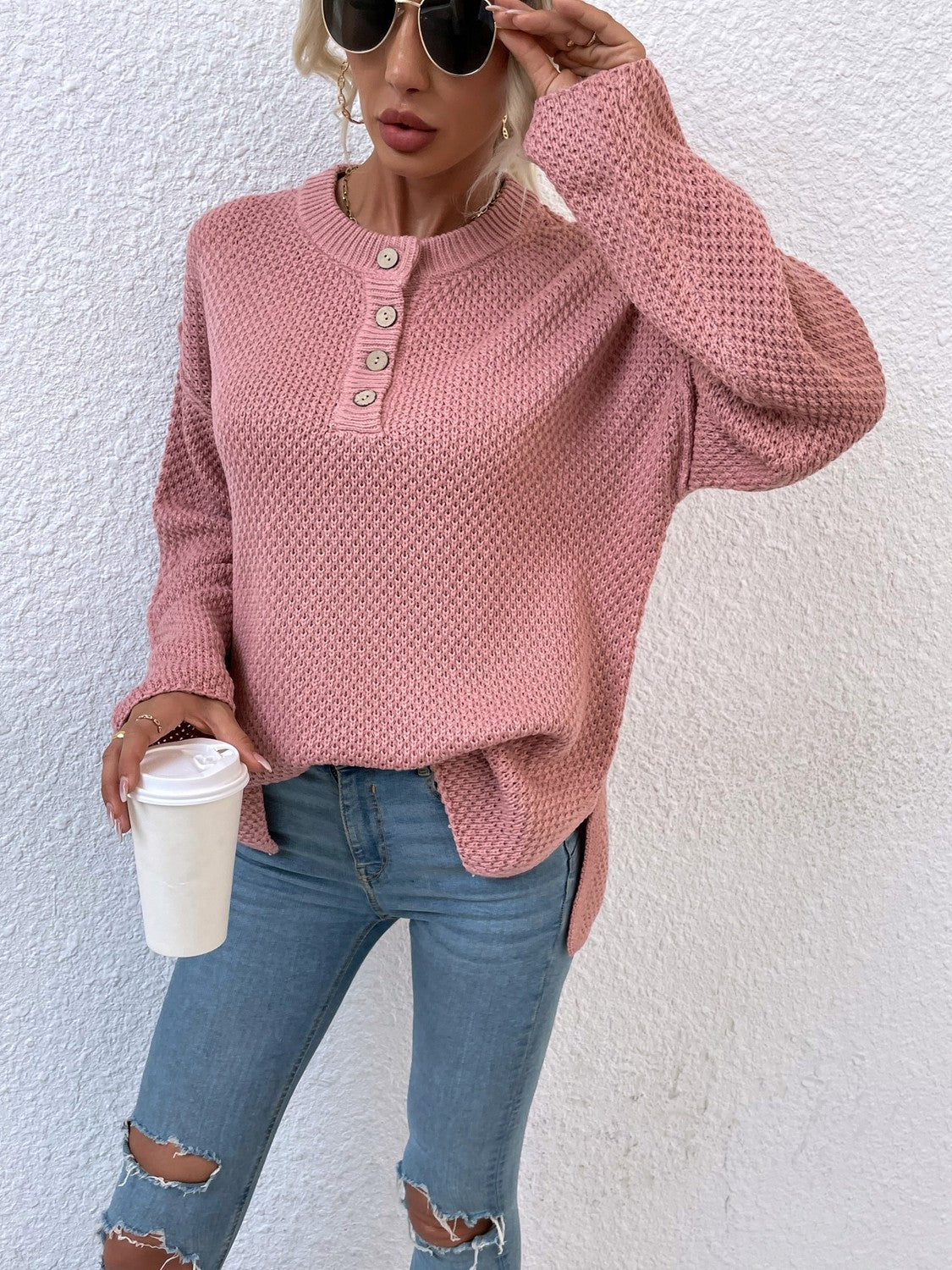 Ribbed Trim Slit Henley Sweater