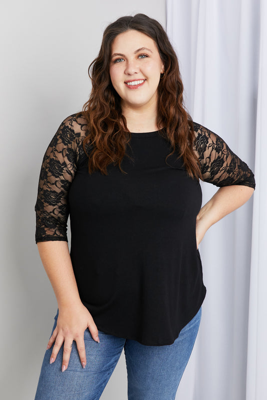 Zenana Full Size Spliced Lace Half Sleeve Round Neck Top in Black