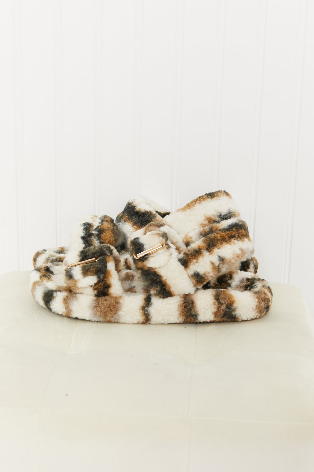 Qupid Cozy Atmosphere Striped Faux Fur Buckled Sandals