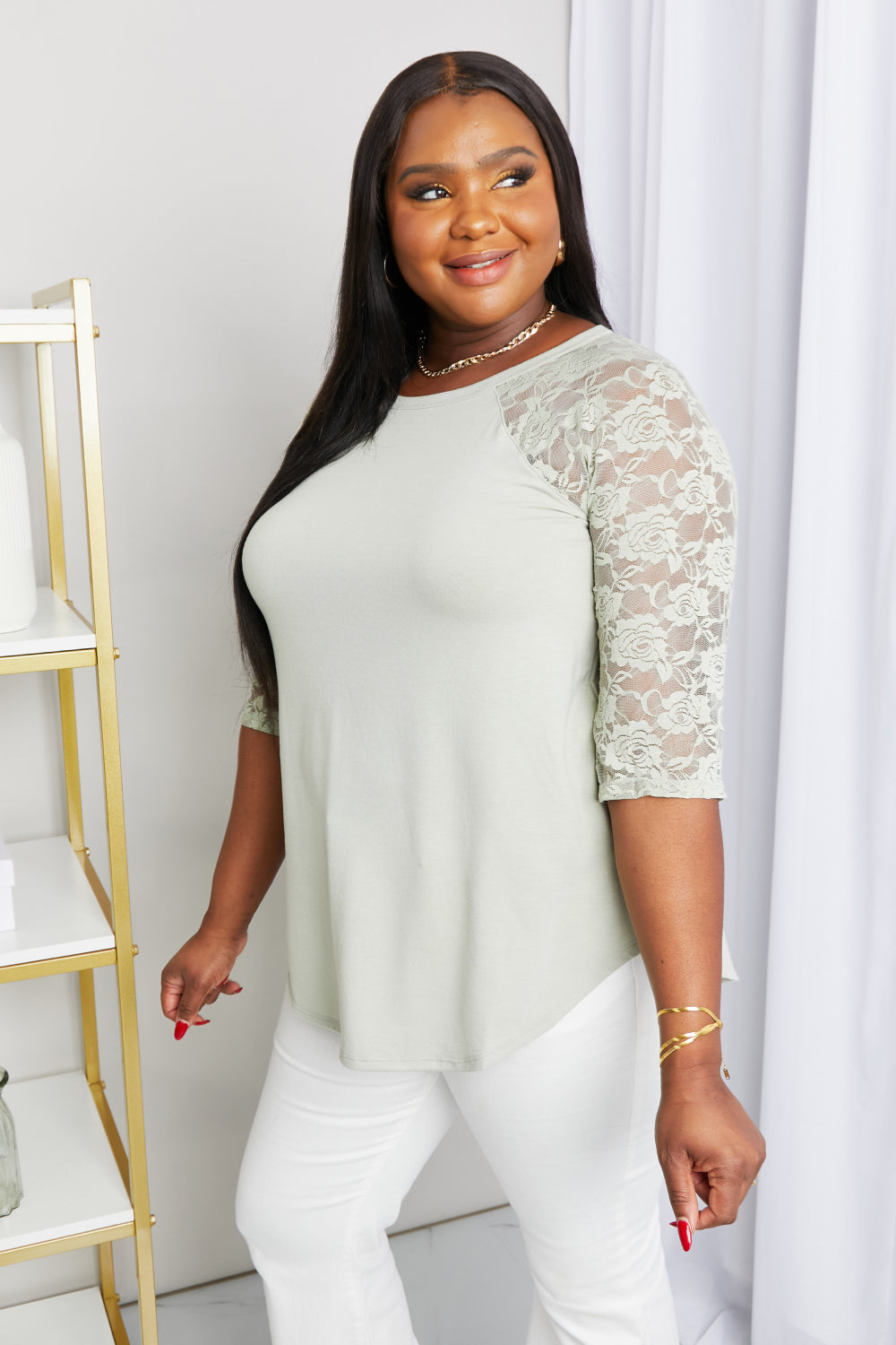 Zenana Full Size Spliced Lace Half Sleeve Round Neck Top