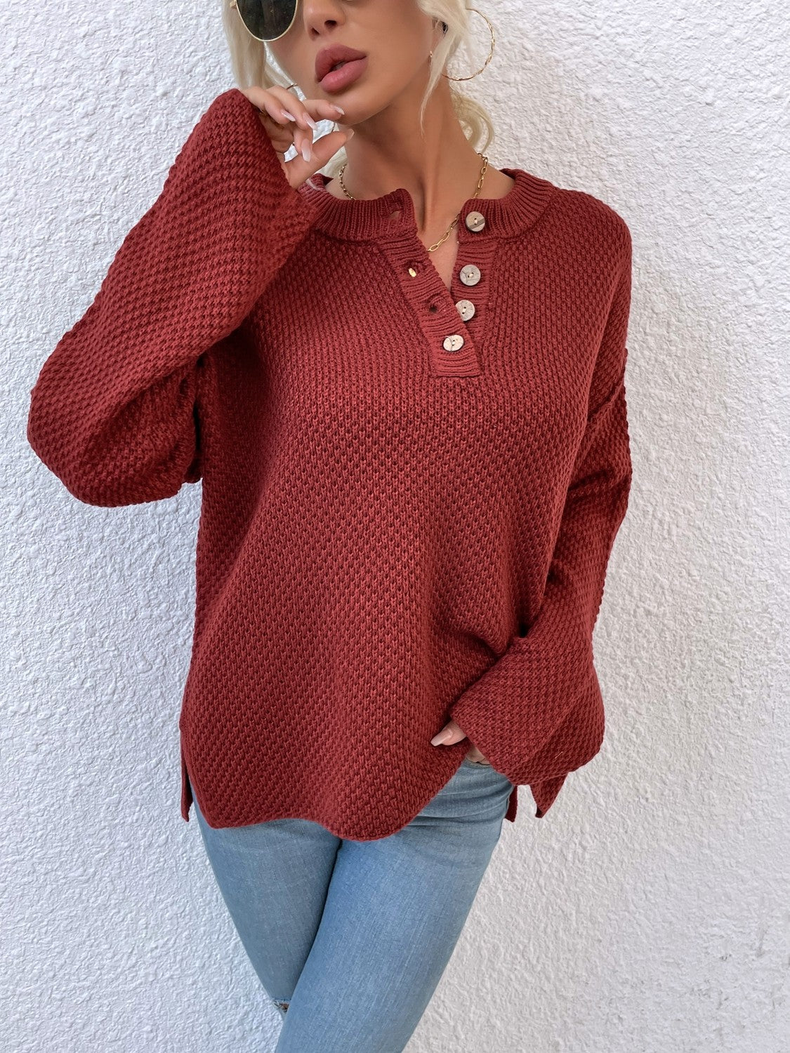 Ribbed Trim Slit Henley Sweater