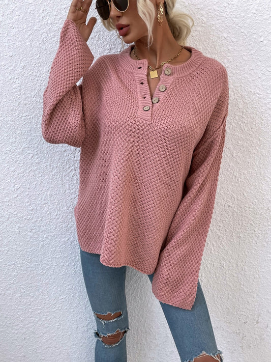 Ribbed Trim Slit Henley Sweater