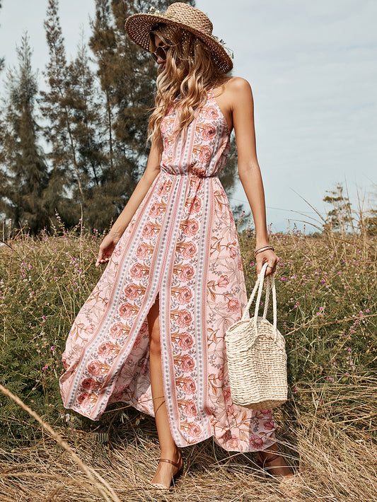 Floral Striped Backless Halter Neck Dress