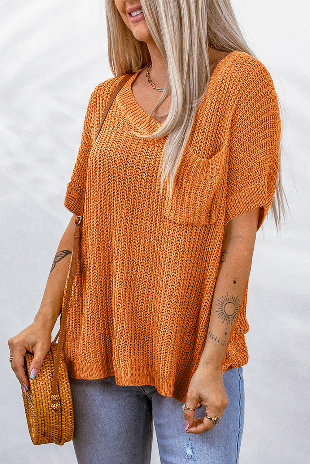 Side Slit V-Neck Short Sleeve Sweater