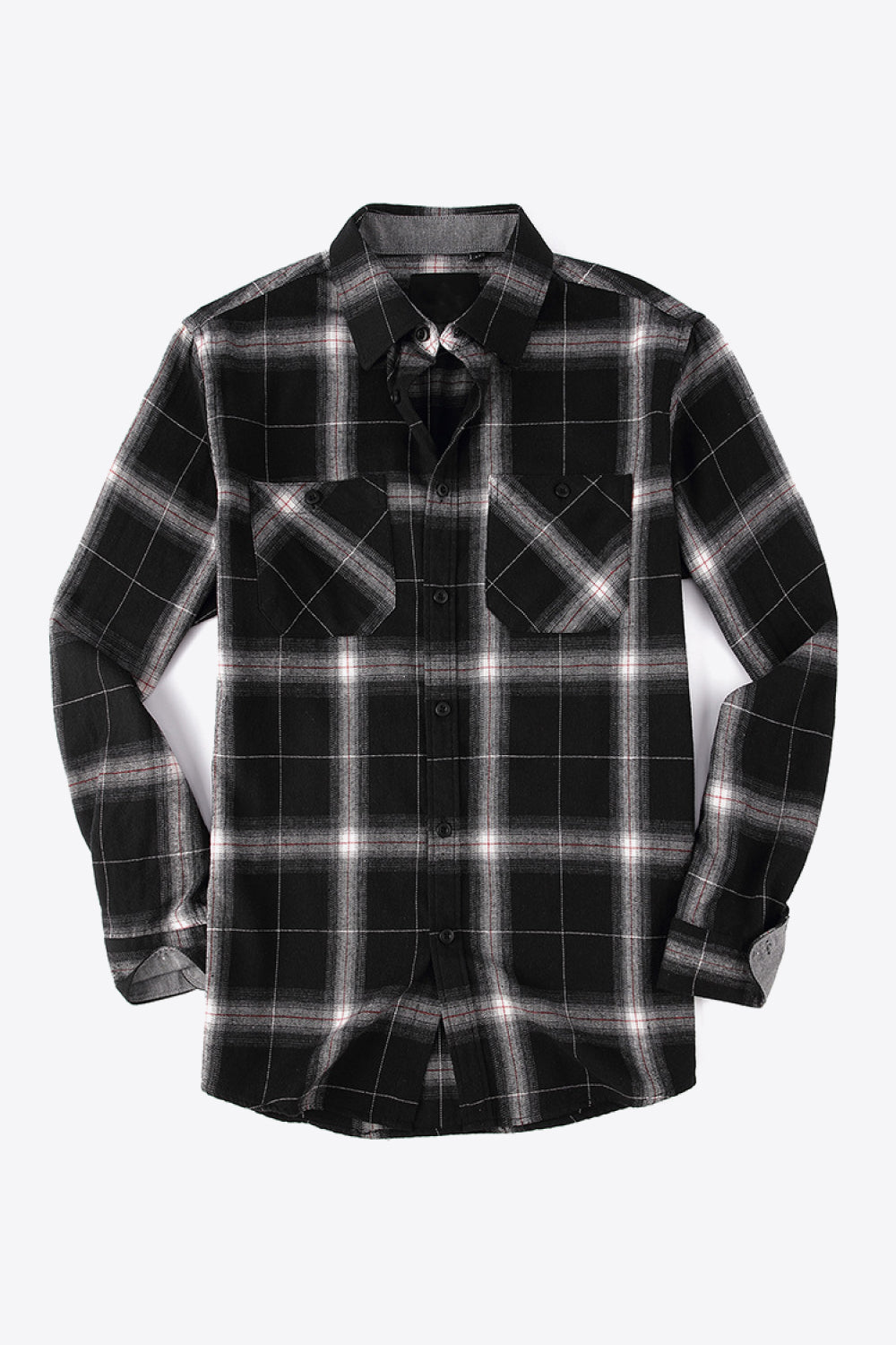 Plaid Button-Up Long-Sleeve Shirt with Pockets