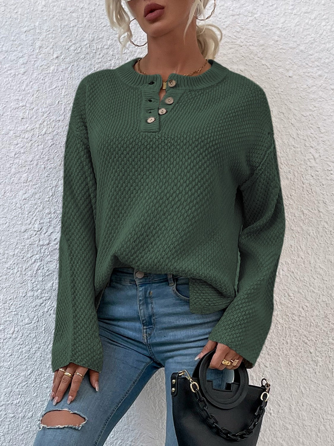 Ribbed Trim Slit Henley Sweater