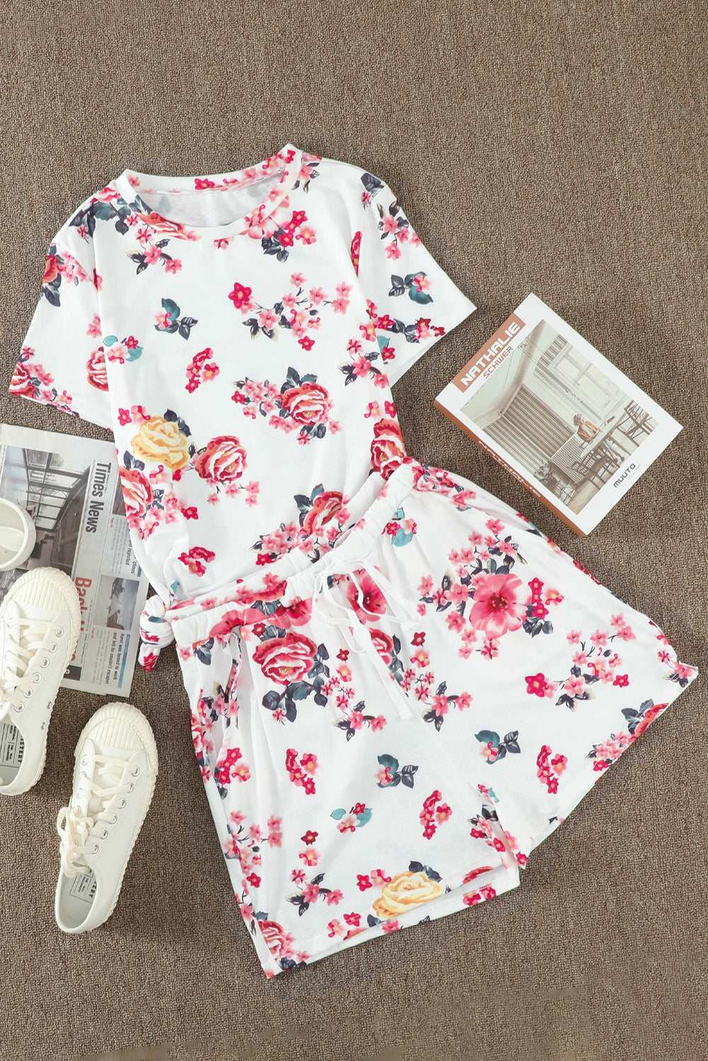 Floral T-Shirt and Drawstring Waist Shorts Lounge Set