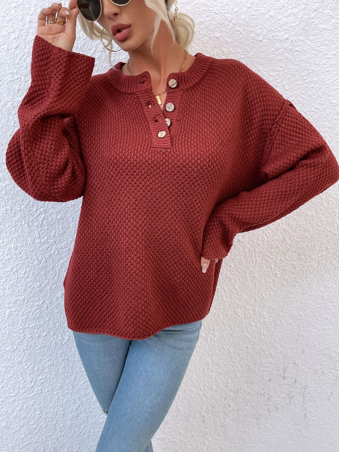 Ribbed Trim Slit Henley Sweater