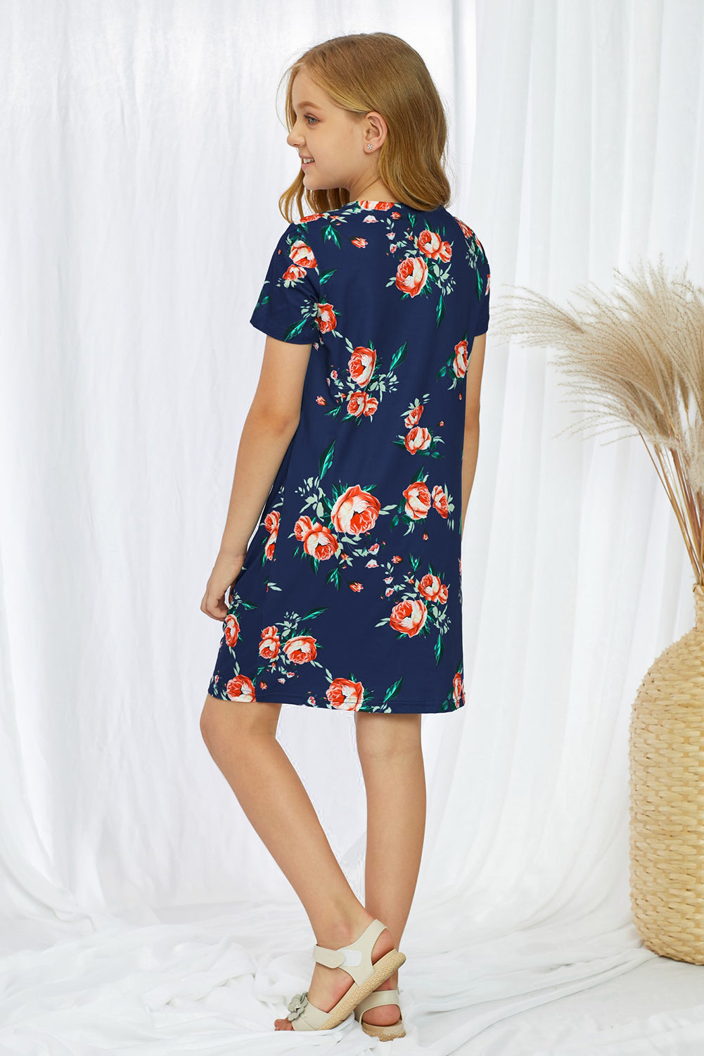 Girls Floral V-Neck Twisted Dress