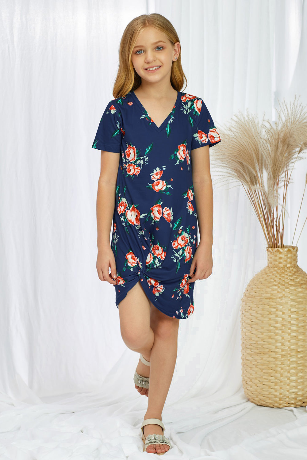 Girls Floral V-Neck Twisted Dress