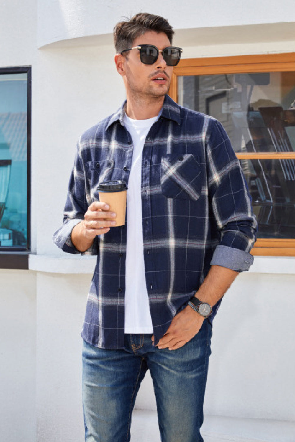 Plaid Button-Up Long-Sleeve Shirt with Pockets