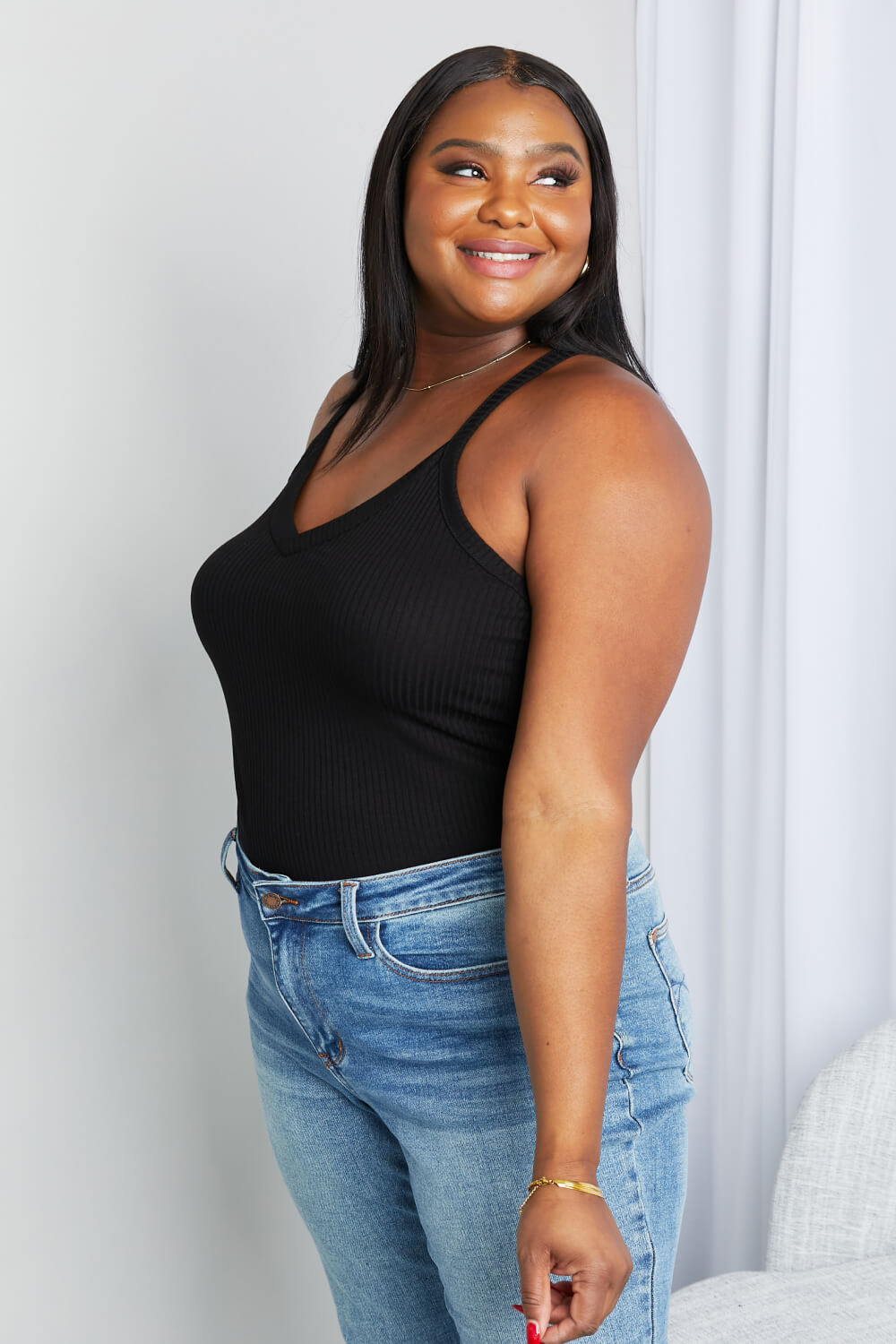 Zenana Full Size V-Neck Ribbed Cami in Black