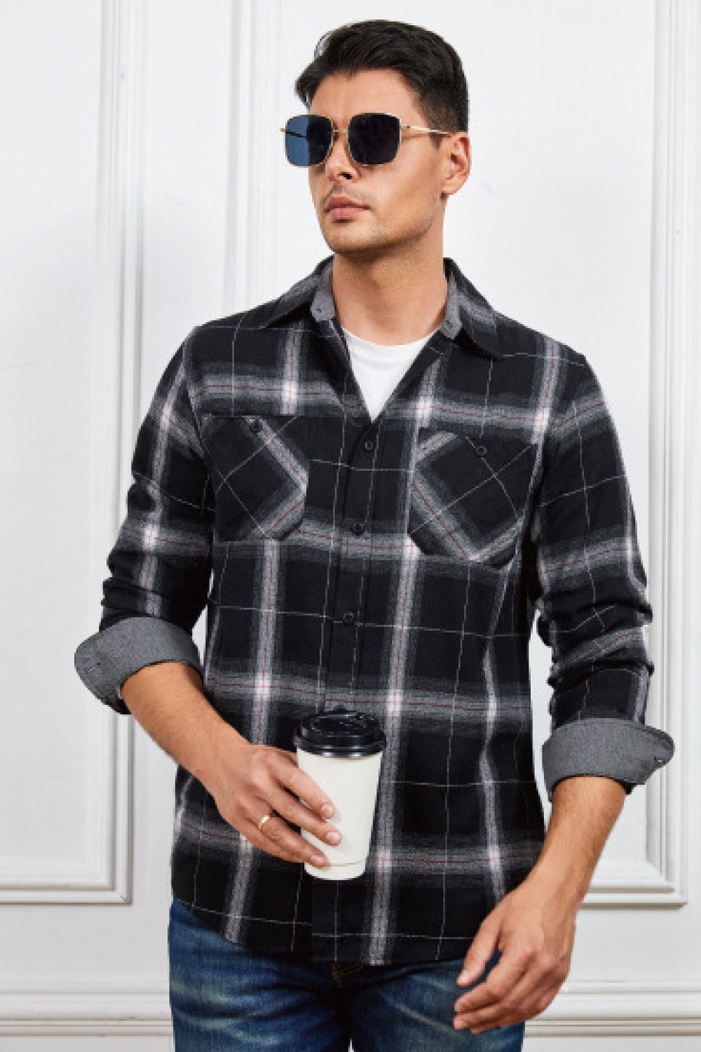 Plaid Button-Up Long-Sleeve Shirt with Pockets