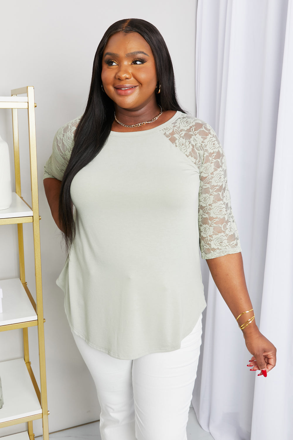 Zenana Full Size Spliced Lace Half Sleeve Round Neck Top