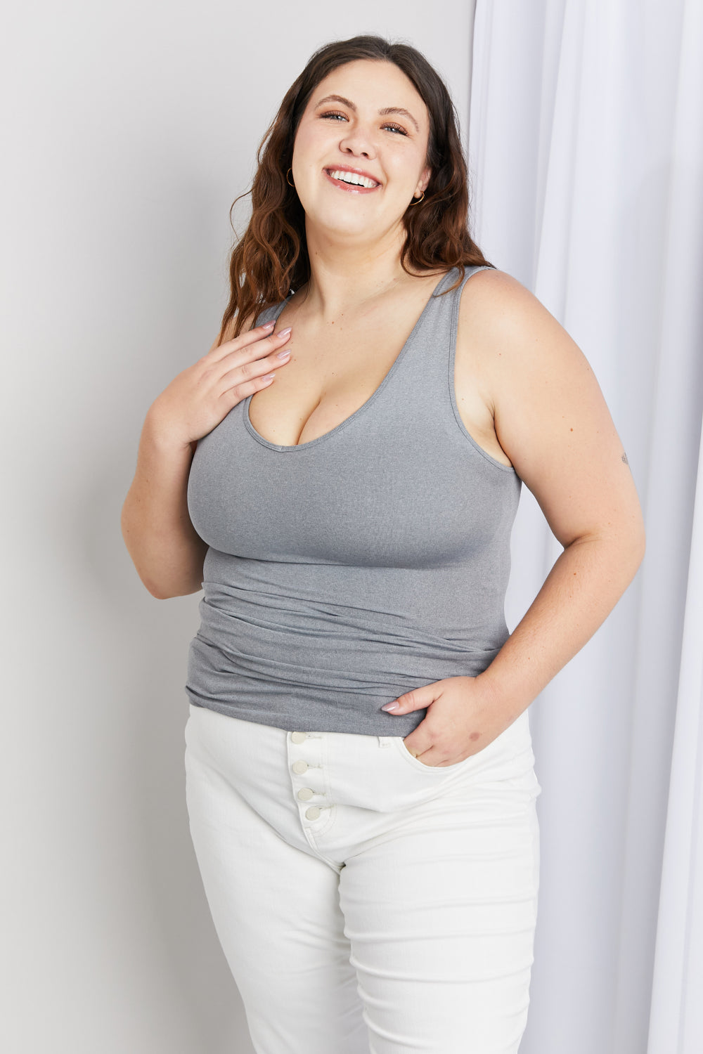 Zenana Full Size V-Neck Tunic Tank in Grey