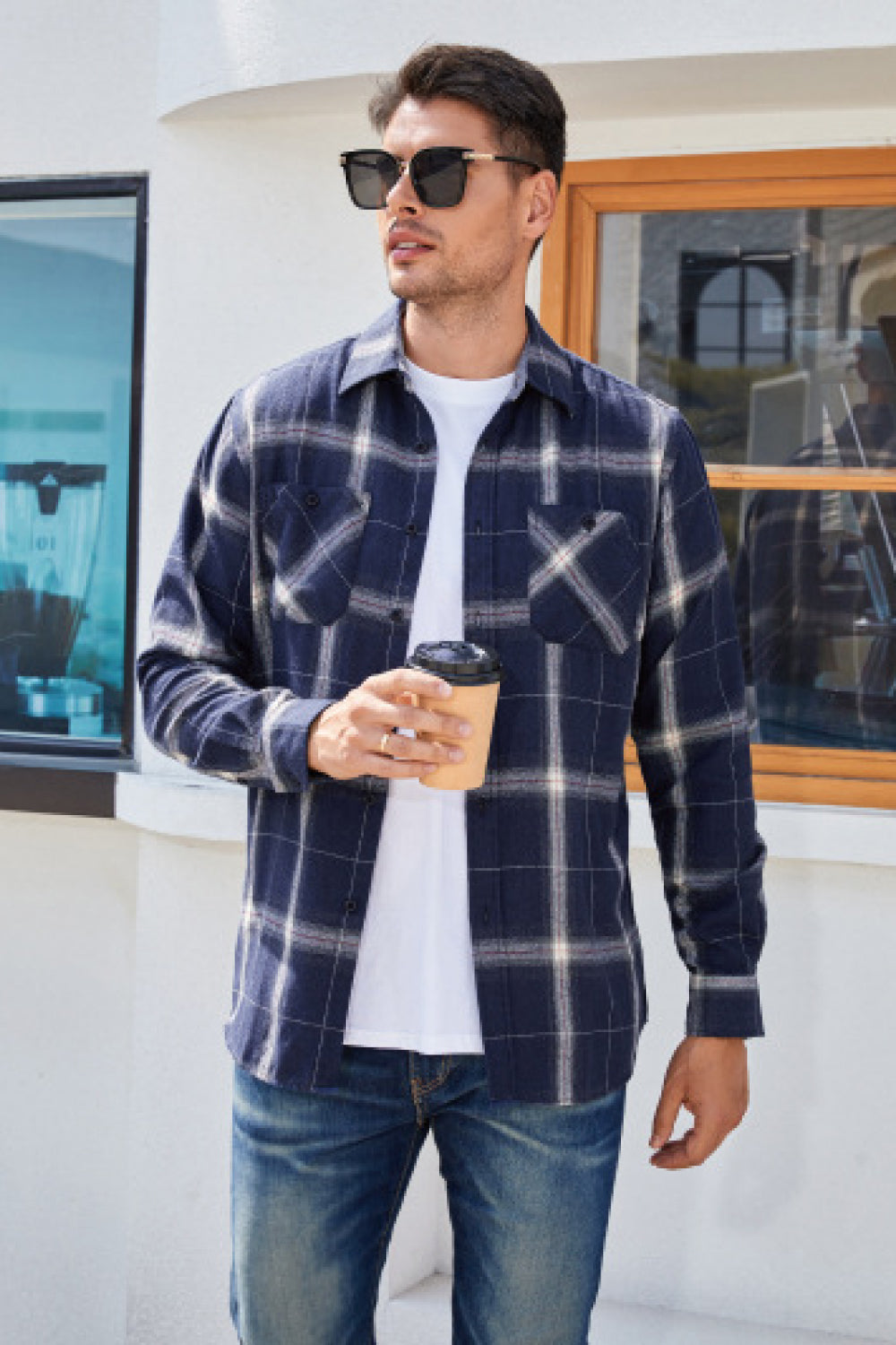 Plaid Button-Up Long-Sleeve Shirt with Pockets