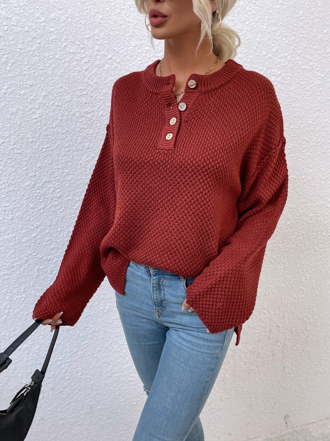 Ribbed Trim Slit Henley Sweater