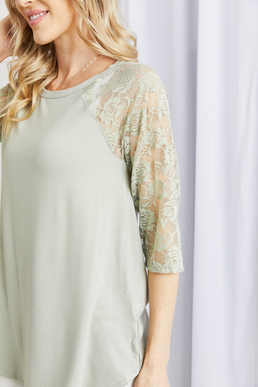 Zenana Full Size Spliced Lace Half Sleeve Round Neck Top