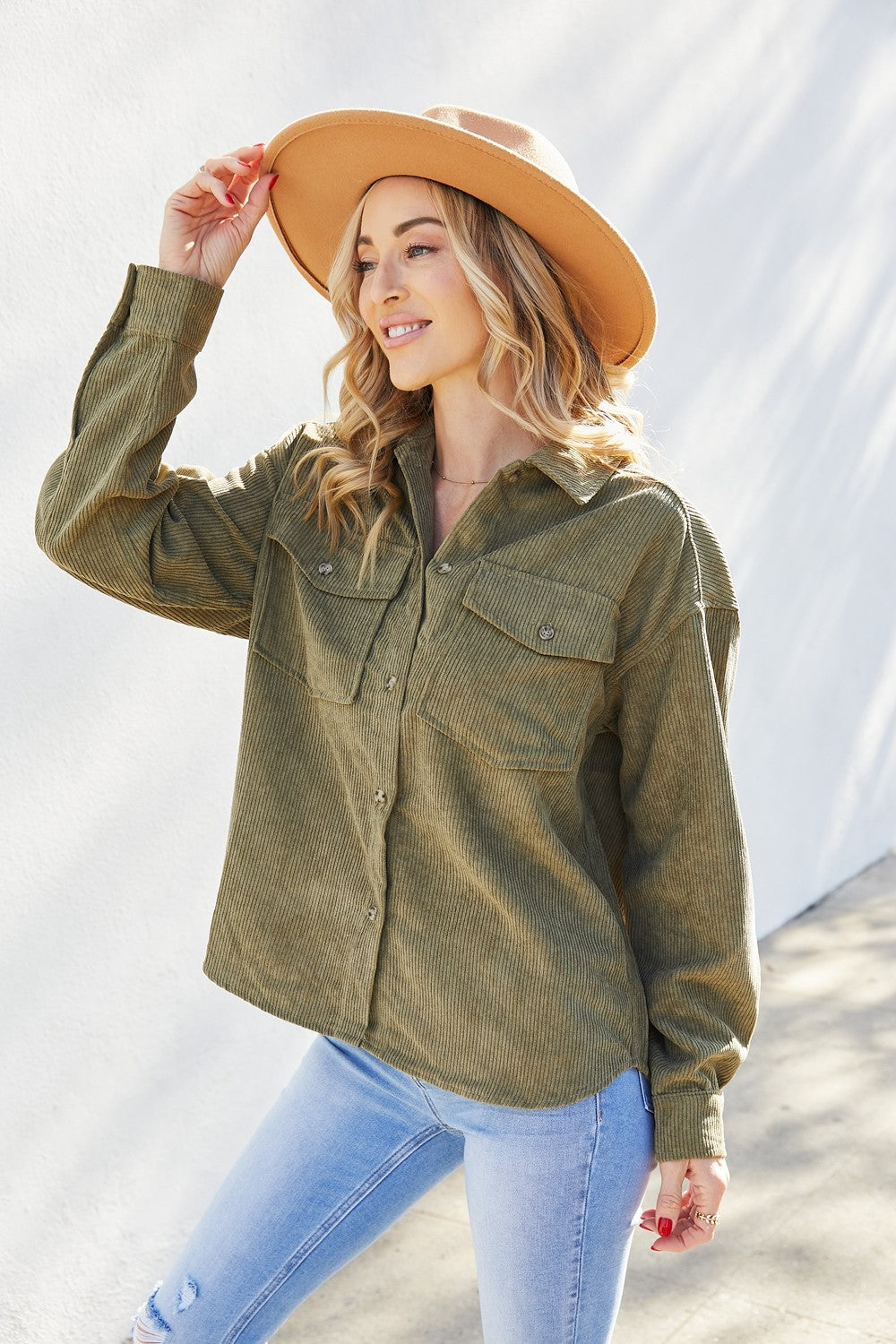 Petal Dew Button Front Corduroy Shacket with Breast Pockets in Olive