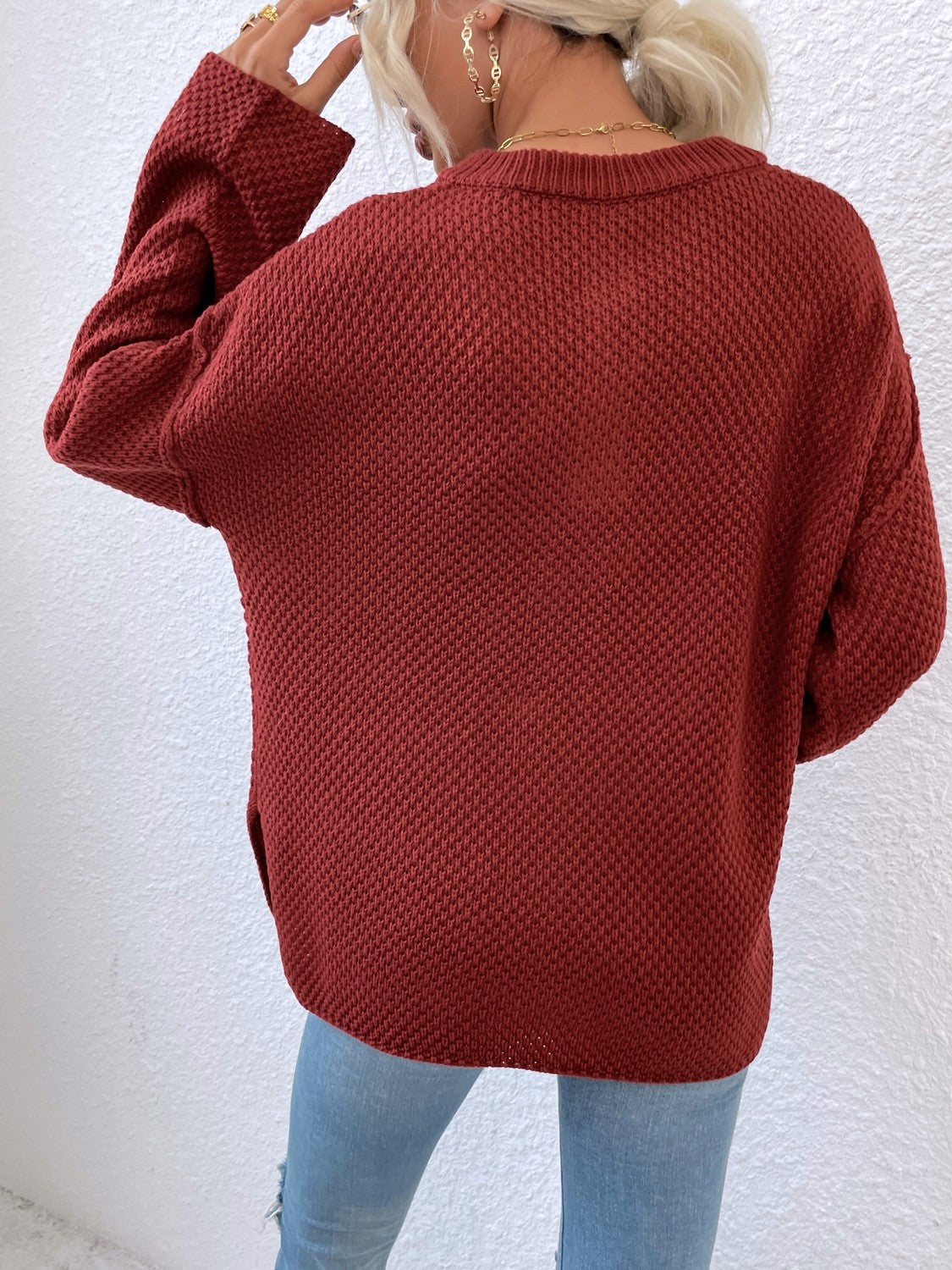 Ribbed Trim Slit Henley Sweater