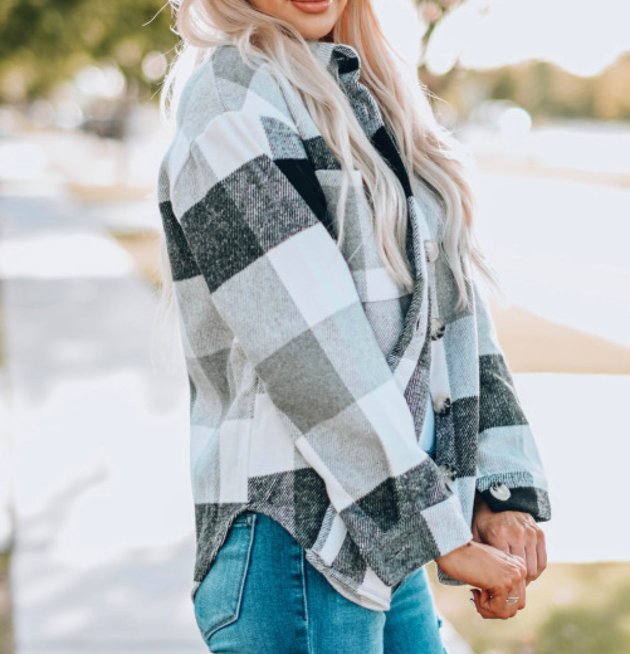 Gray Plaid Button Down Shacket